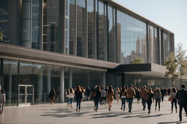 people walking towards an office