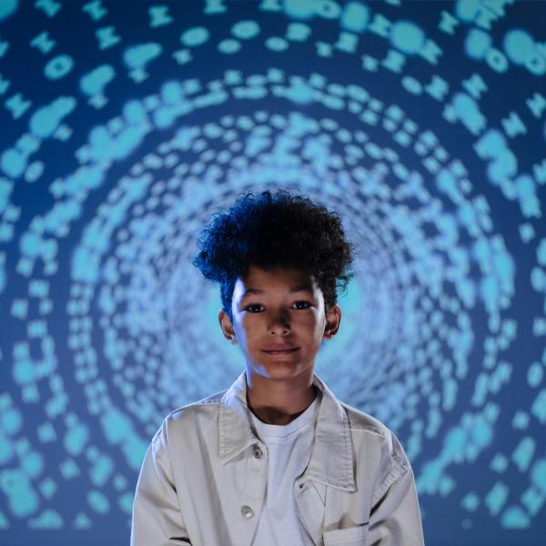 kid with a holographic background